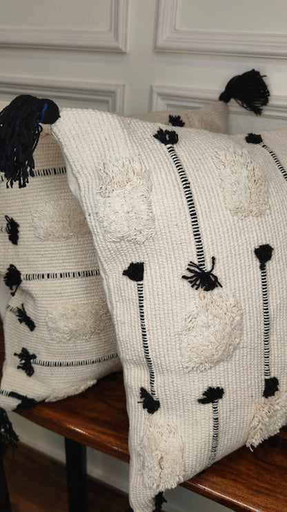 Black Dot & Line Woven Tassel Cushion Cover Set (Set of 2)