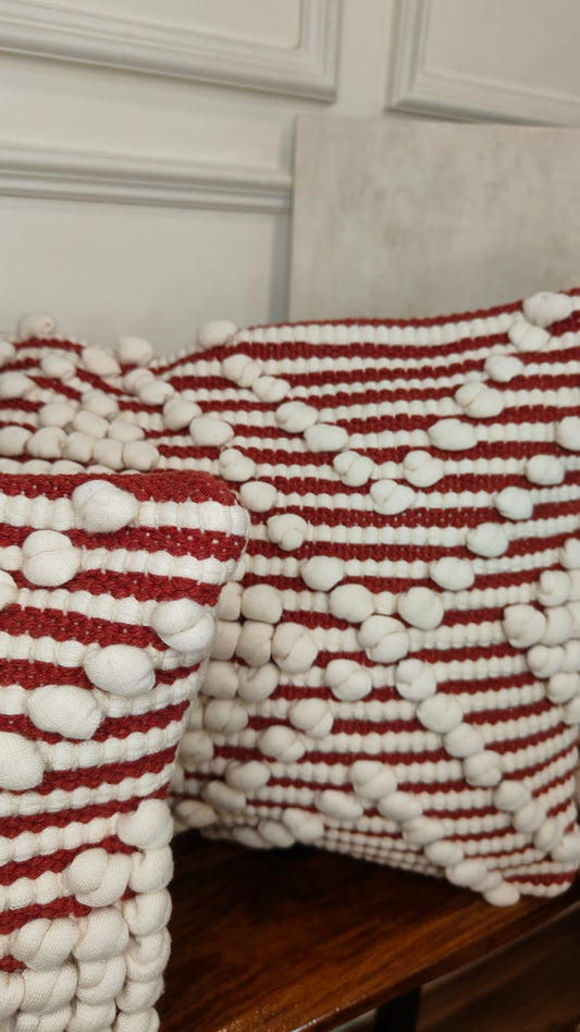 Red & White Pom-Pom Stripe Lumbar Cushion Cover Set (Set of 2)