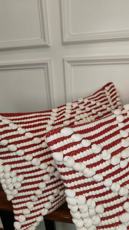 Red & White Pom-Pom Stripe Lumbar Cushion Cover Set (Set of 2)
