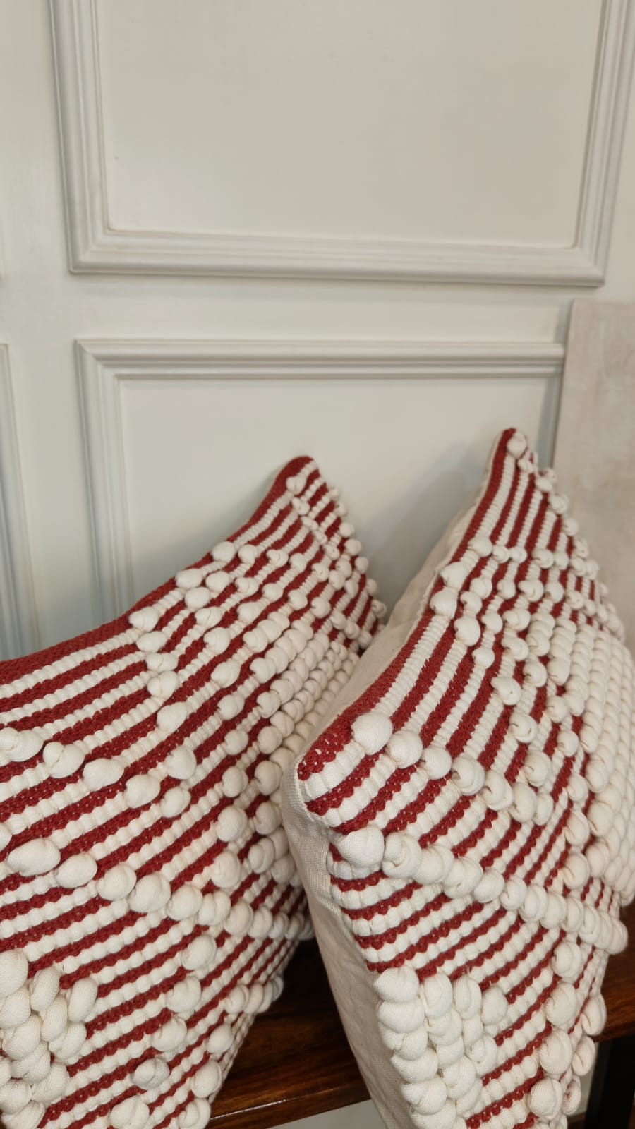 Red & White Pom-Pom Stripe Lumbar Cushion Cover Set (Set of 2)
