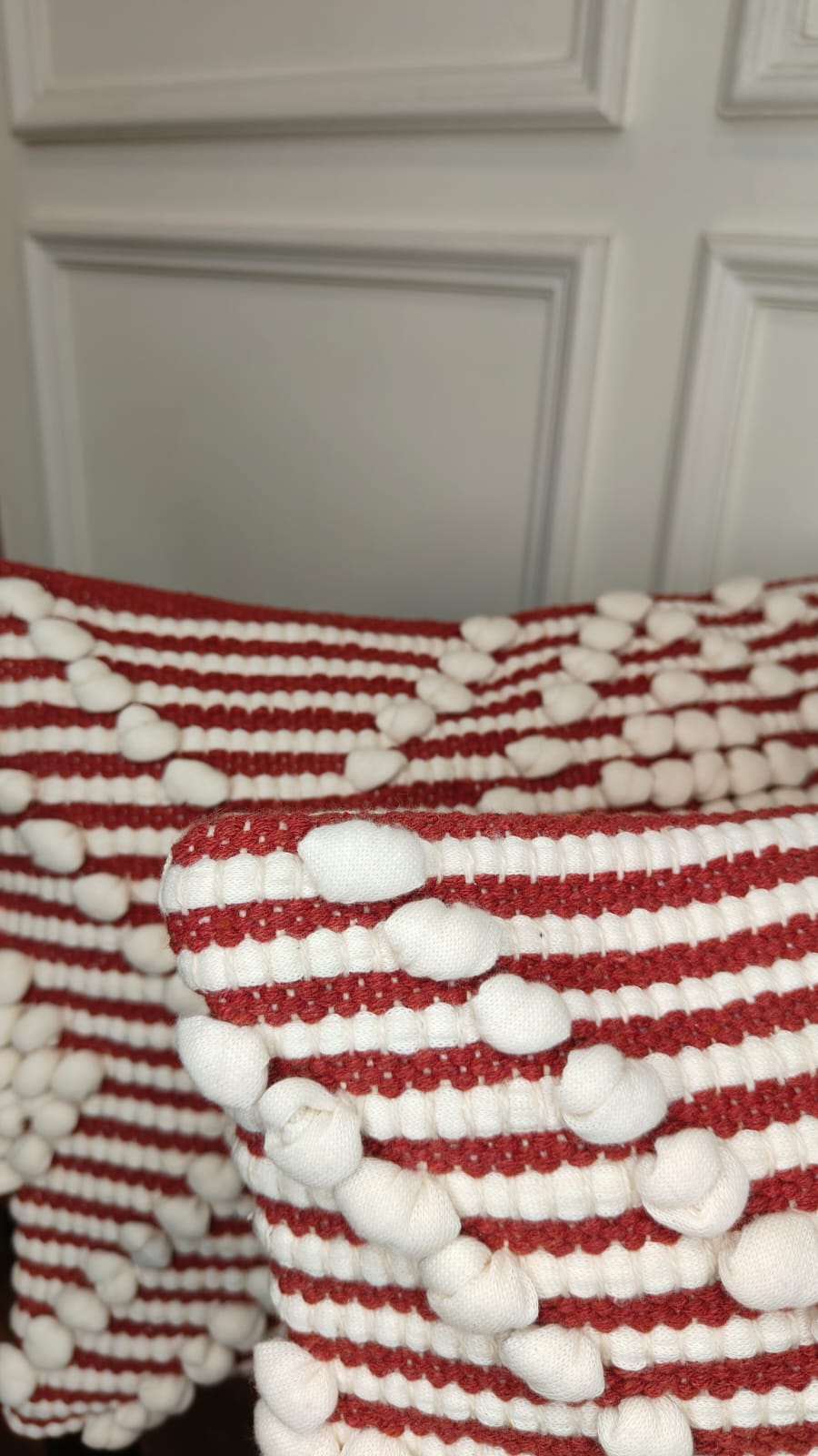Red & White Pom-Pom Stripe Lumbar Cushion Cover Set (Set of 2)