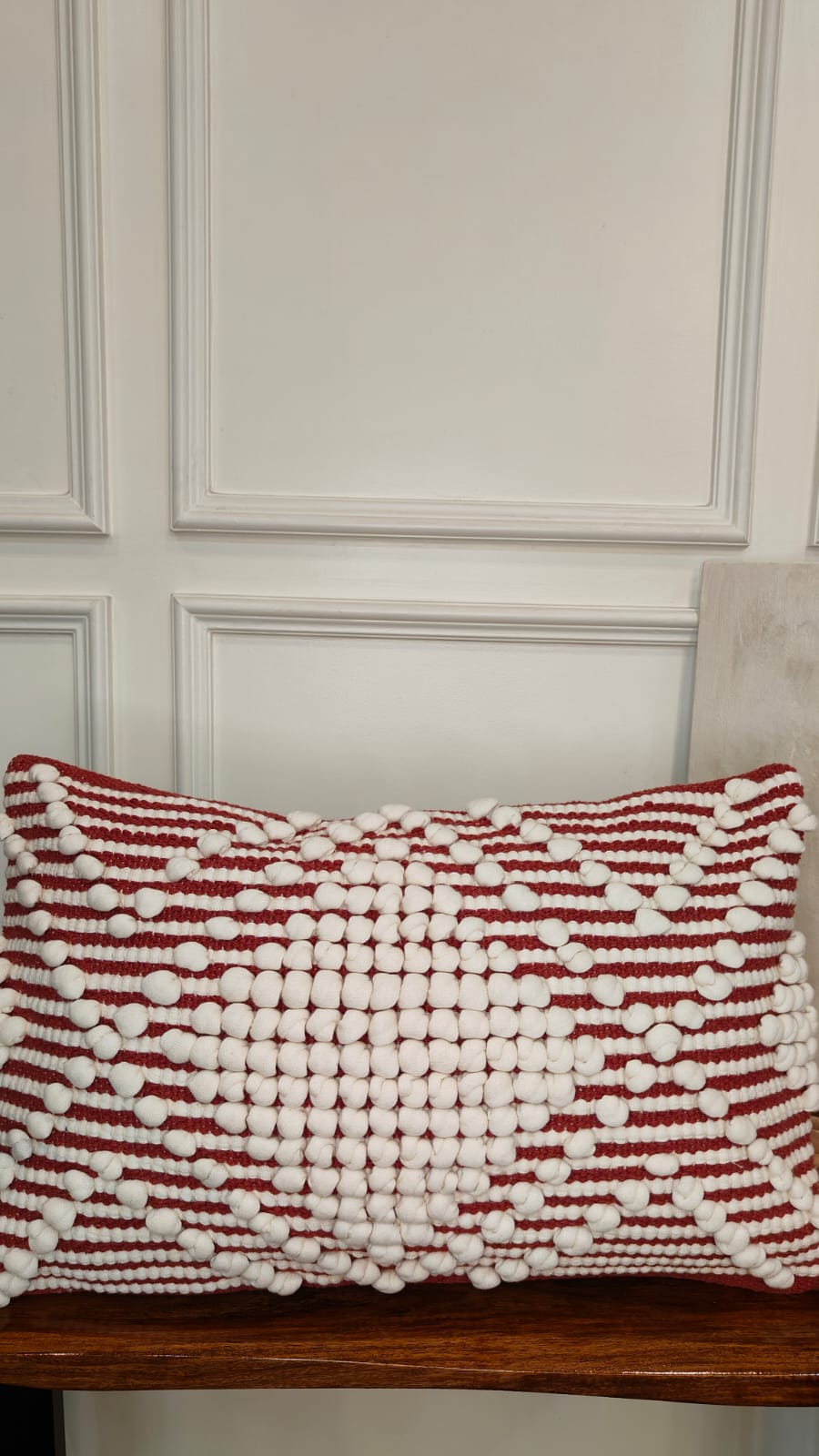 Red & White Pom-Pom Stripe Lumbar Cushion Cover Set (Set of 2)