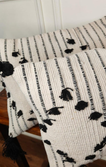 Black Tassel Stripe Woven Cushion Cover Set (Set of 2)