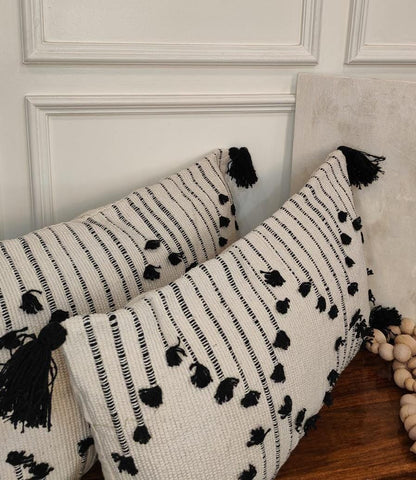 Black Tassel Stripe Woven Cushion Cover Set (Set of 2)