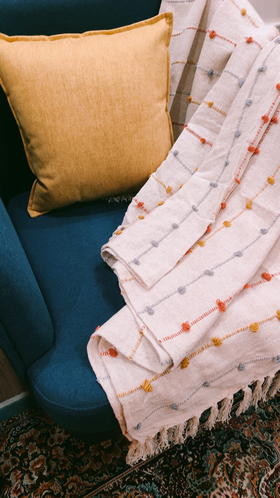 Handwoven Cotton Sofa Throw with Colorful Knots – 50" x 60"