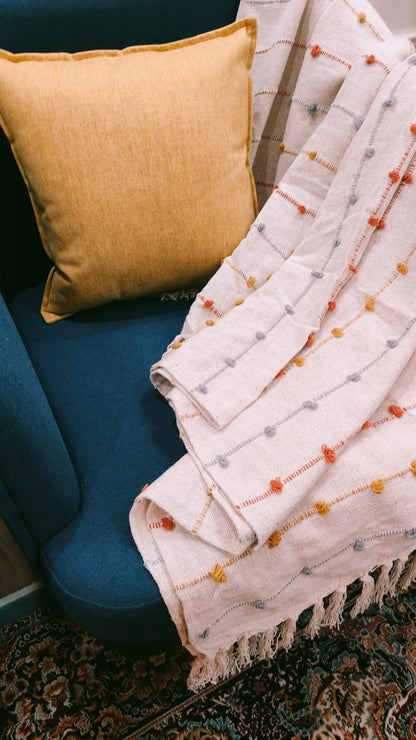 Handwoven Cotton Sofa Throw with Colorful Knots – 50" x 60"