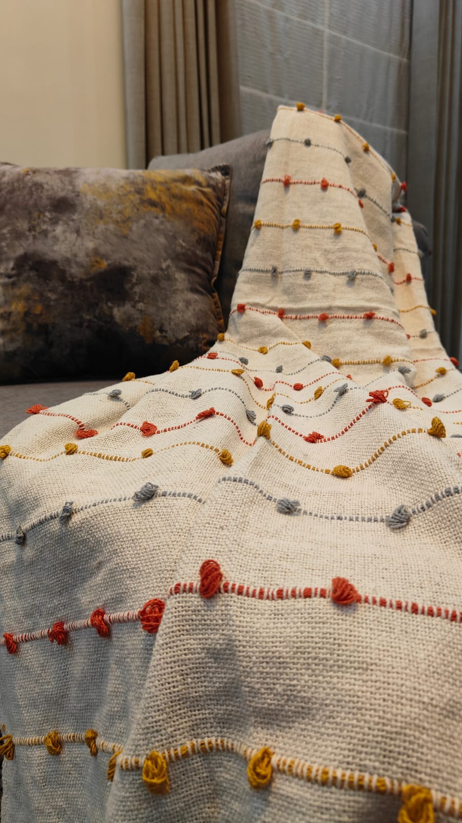 Handwoven Cotton Sofa Throw with Colorful Knots – 50" x 60"