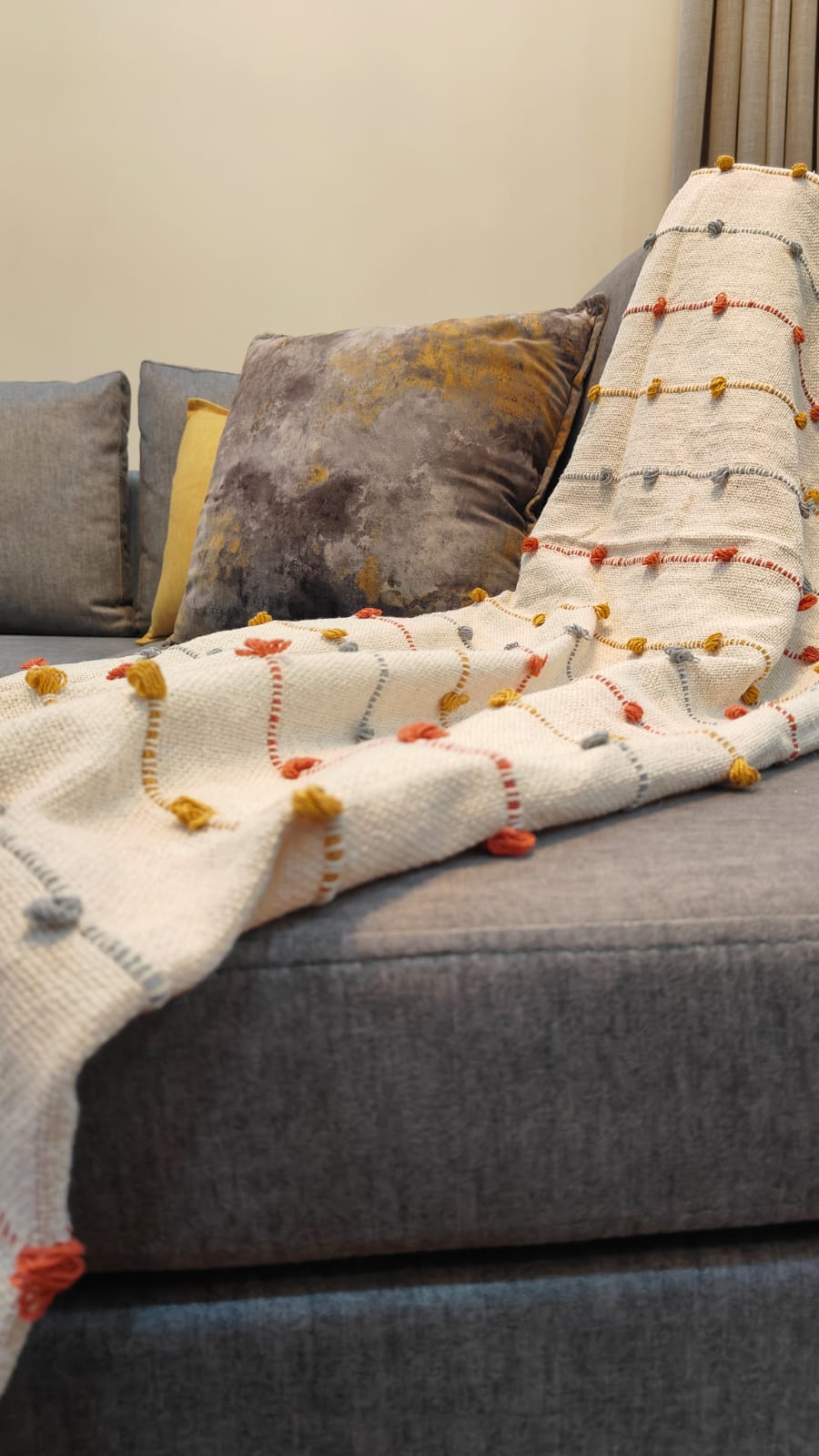 Handwoven Cotton Sofa Throw with Colorful Knots – 50" x 60"