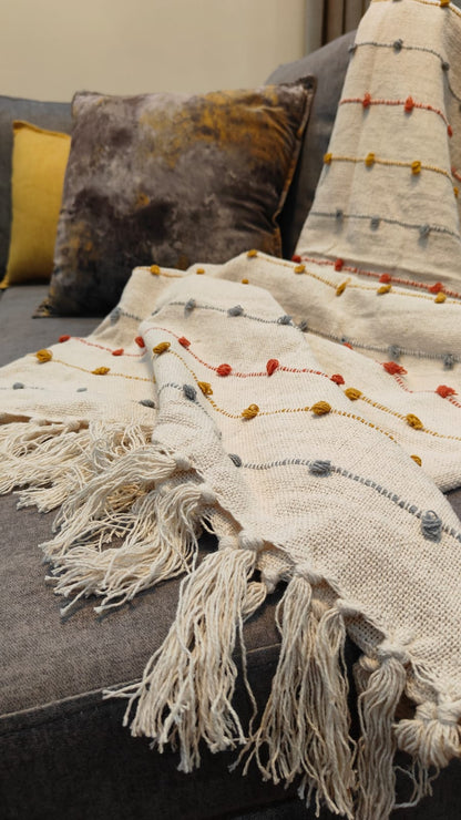 Handwoven Cotton Sofa Throw with Colorful Knots – 50" x 60"