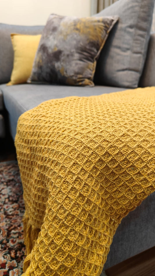 Mustard Yellow Knitted Cotton Throw with Tassels – 50" x 60"