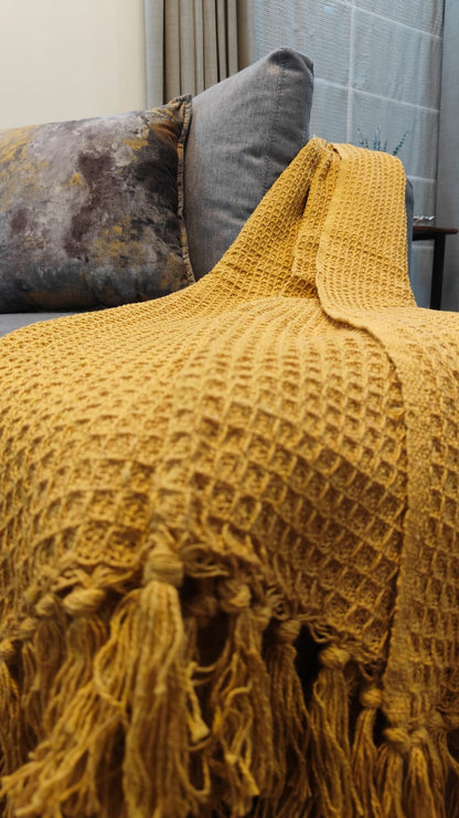 Mustard Yellow Knitted Cotton Throw with Tassels – 50" x 60"