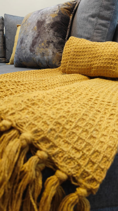Mustard Yellow Knitted Cotton Throw with Tassels – 50" x 60"