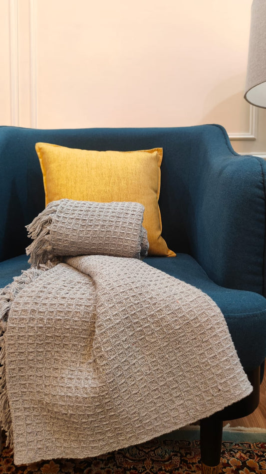 Grey Knitted Cotton Throw with Tassels – 50" x 60"