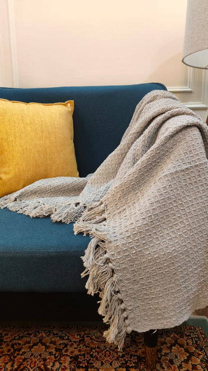 Grey Knitted Cotton Throw with Tassels – 50" x 60"