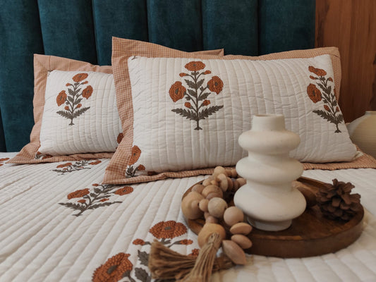 Pure Cotton Quilted King Size Bedcover with Quilted Pillow Covers – Floral Motif