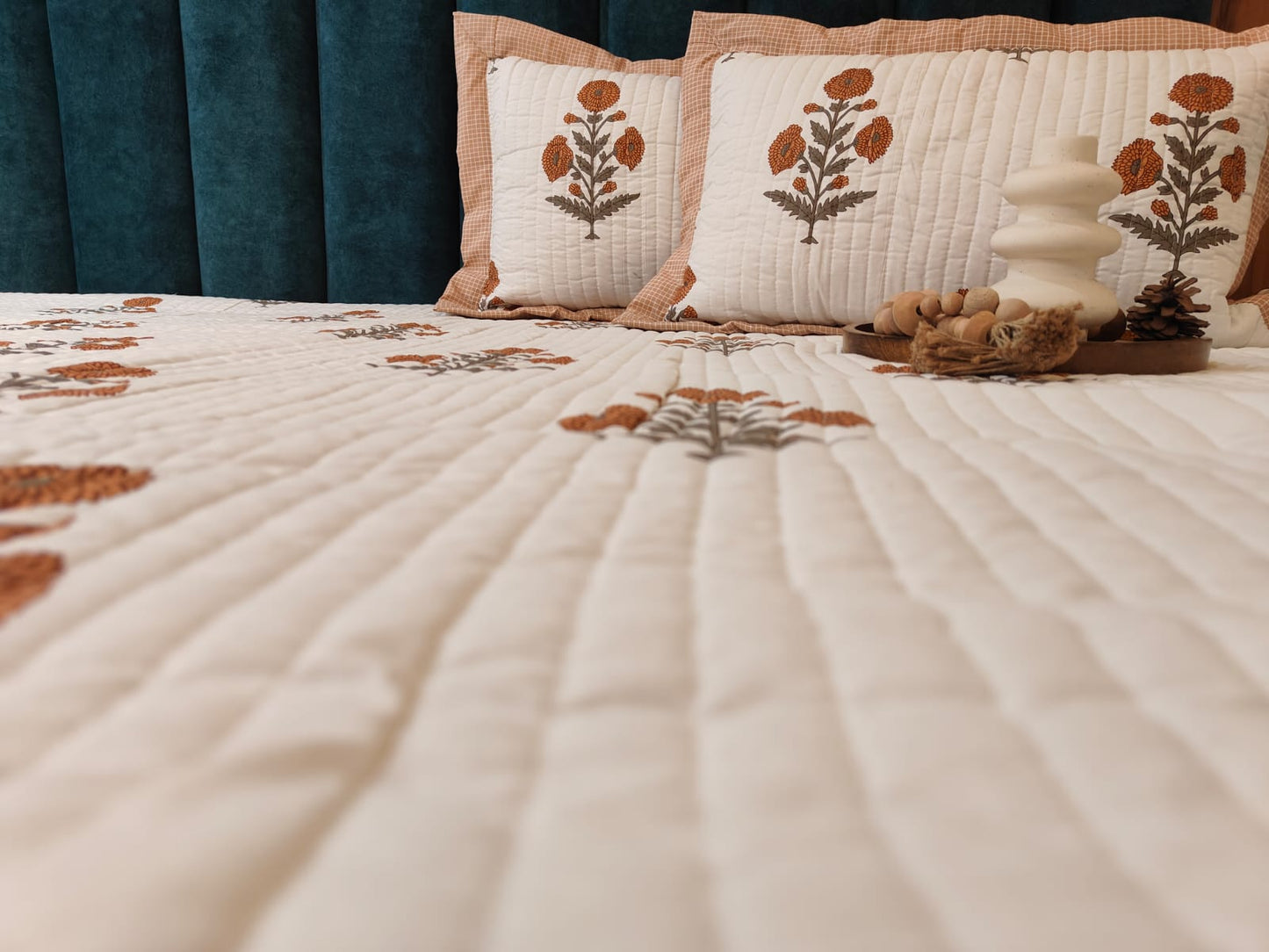 Pure Cotton Quilted King Size Bedcover with Quilted Pillow Covers – Floral Motif