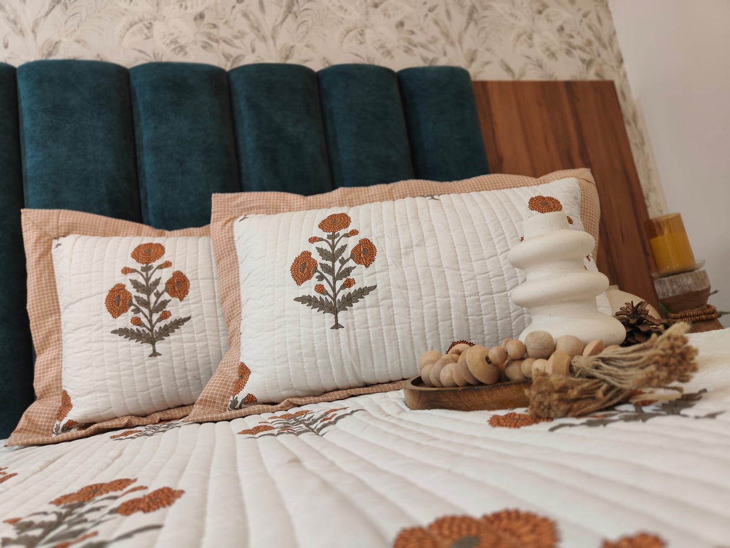 Pure Cotton Quilted King Size Bedcover with Quilted Pillow Covers – Floral Motif