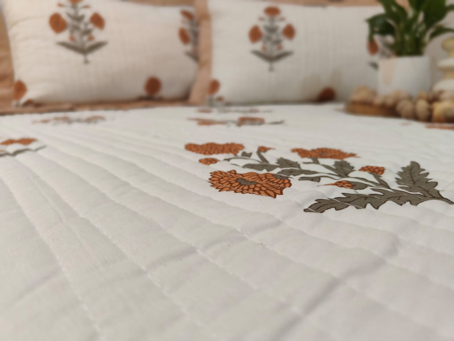 Pure Cotton Quilted King Size Bedcover with Quilted Pillow Covers – Floral Motif