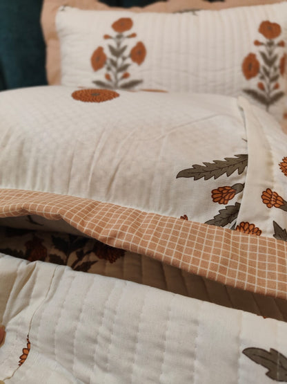 Pure Cotton Quilted King Size Bedcover with Quilted Pillow Covers – Floral Motif