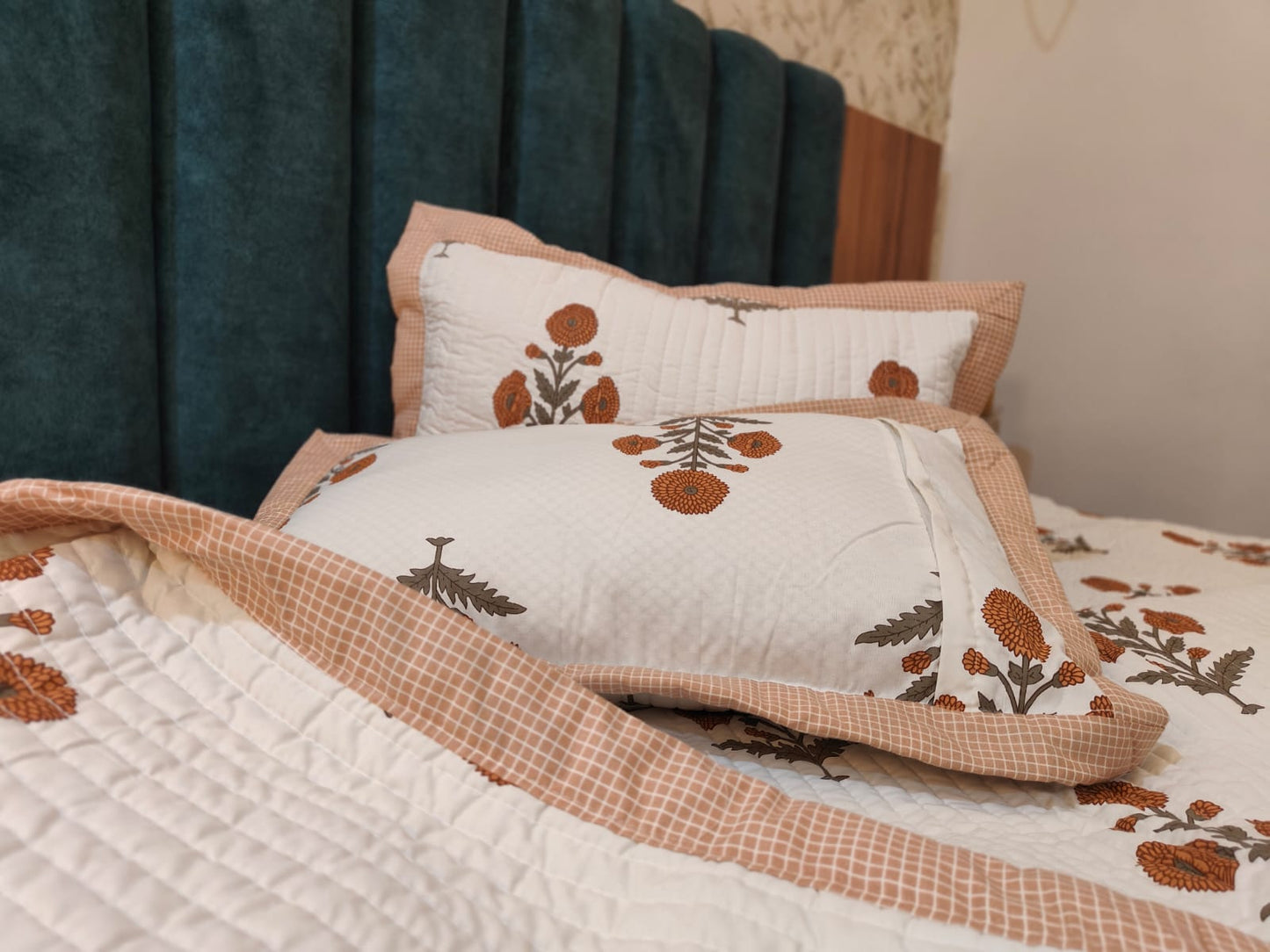 Pure Cotton Quilted King Size Bedcover with Quilted Pillow Covers – Floral Motif