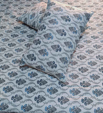 Hand Block Printed Quilted Double Bedcover Set with Pillow Covers – Grey & Blue Floral