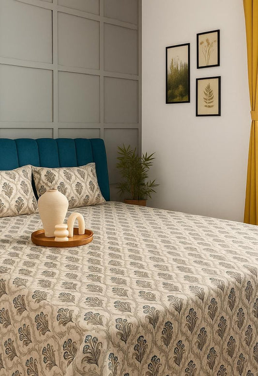 Hand Block Printed Quilted Double Bedcover Set with Pillow Covers – Grey & Blue Floral