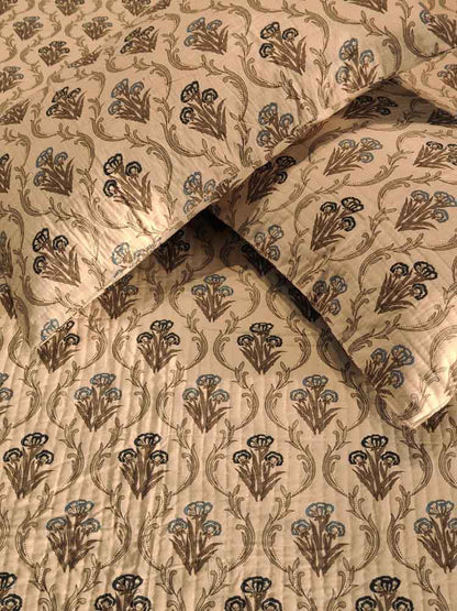 Hand Block Printed Quilted Double Bedcover Set with Pillow Covers – Grey & Blue Floral