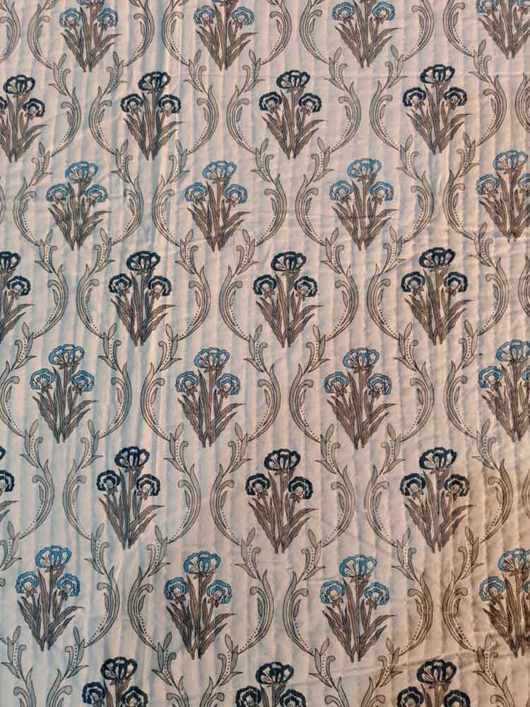 Hand Block Printed Quilted Double Bedcover Set with Pillow Covers – Grey & Blue Floral