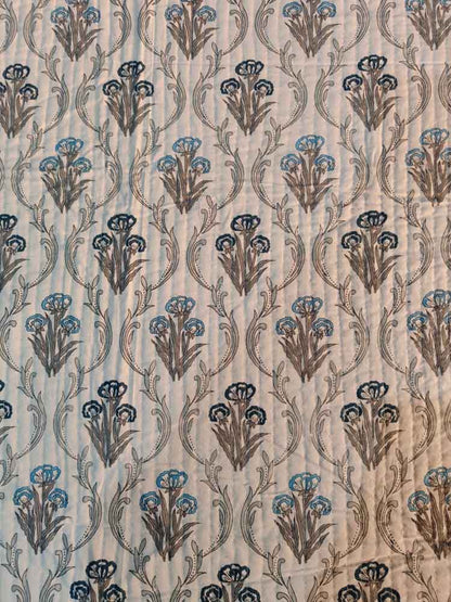 Hand Block Printed Quilted Double Bedcover Set with Pillow Covers – Grey & Blue Floral