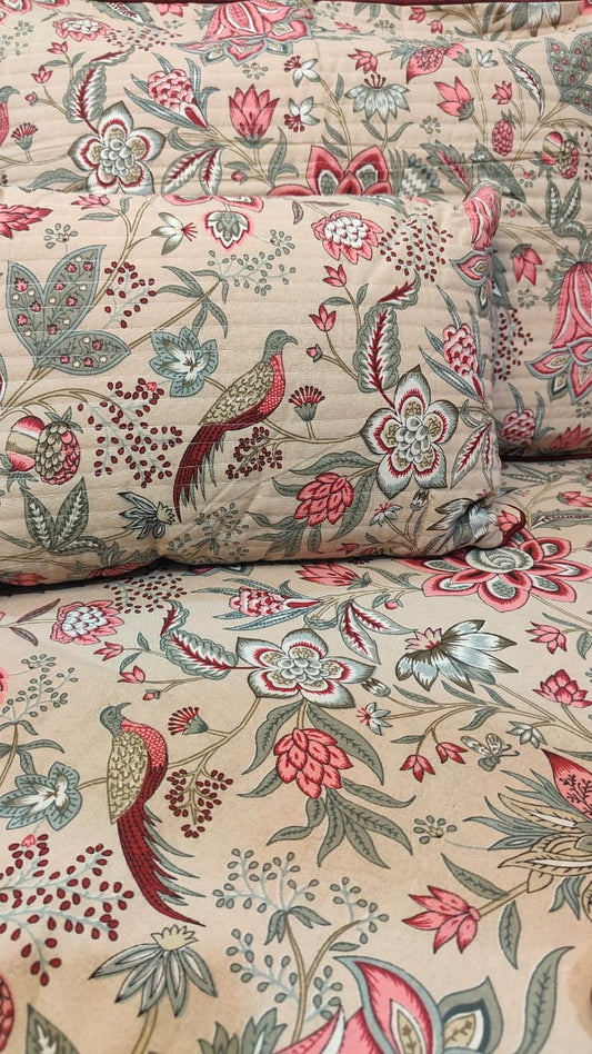 Beige Floral & Fauna 7-Piece Quilted King Bedding Set
