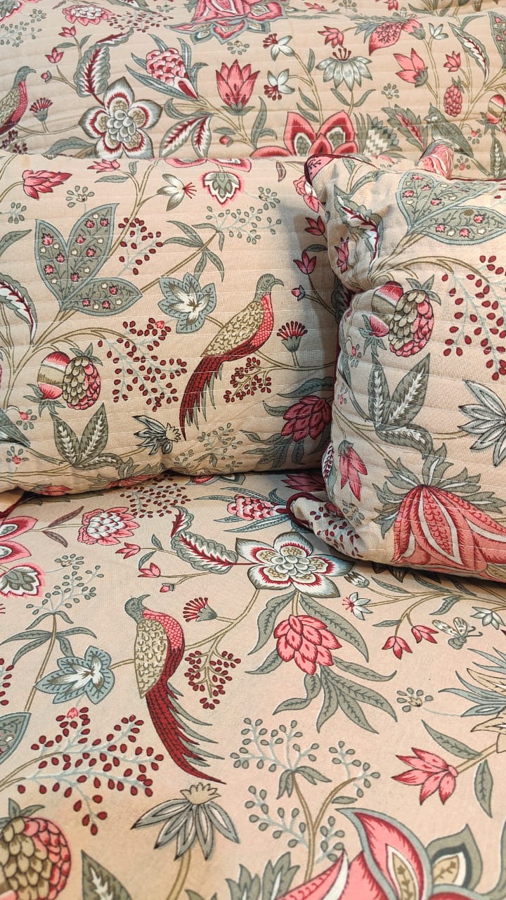 Beige Floral & Fauna 7-Piece Quilted King Bedding Set