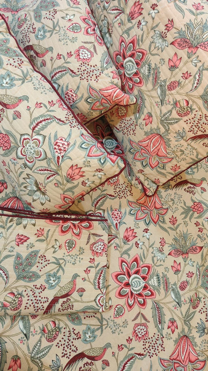 Beige Floral & Fauna 7-Piece Quilted King Bedding Set
