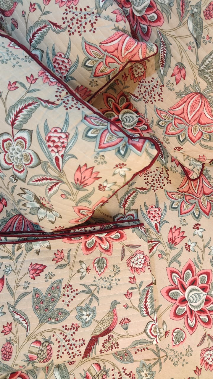 Beige Floral & Fauna 7-Piece Quilted King Bedding Set