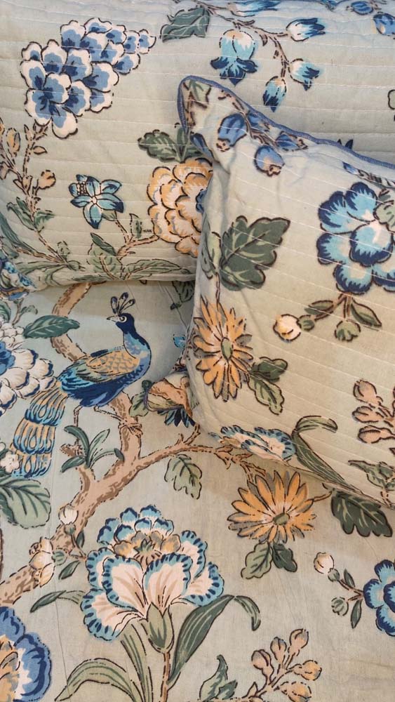 Pastel Blue Floral & Peacock 7-Piece Quilted King Bedding Set