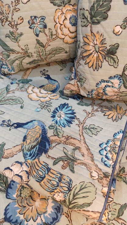 Pastel Blue Floral & Peacock 7-Piece Quilted King Bedding Set