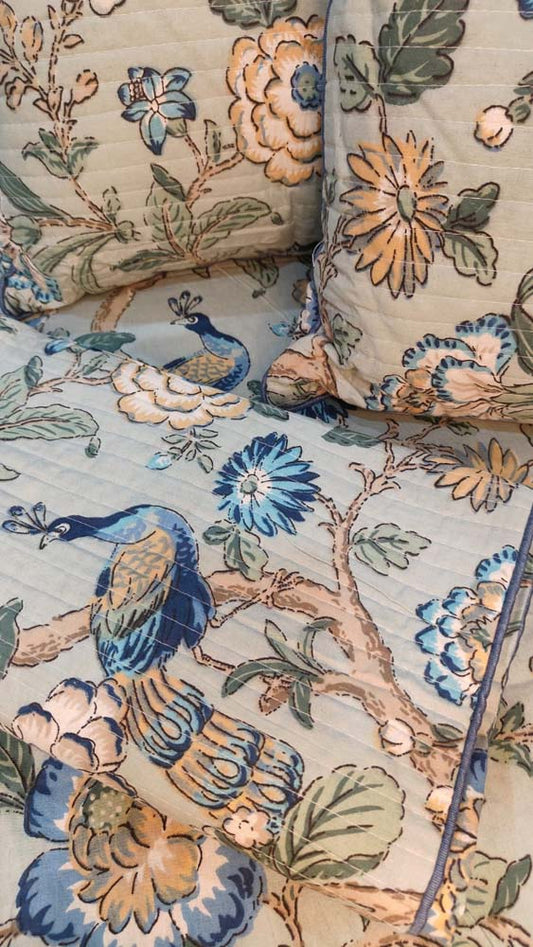 Pastel Blue Floral & Peacock 7-Piece Quilted King Bedding Set