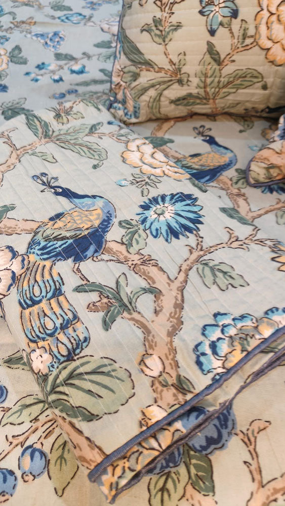 Pastel Blue Floral & Peacock 7-Piece Quilted King Bedding Set