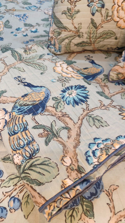 Pastel Blue Floral & Peacock 7-Piece Quilted King Bedding Set