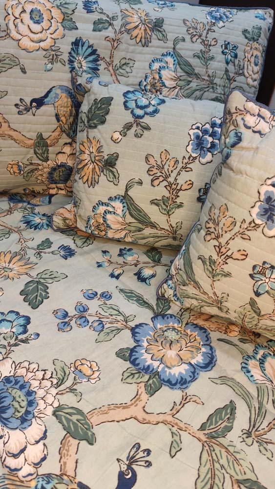 Pastel Blue Floral & Peacock 7-Piece Quilted King Bedding Set