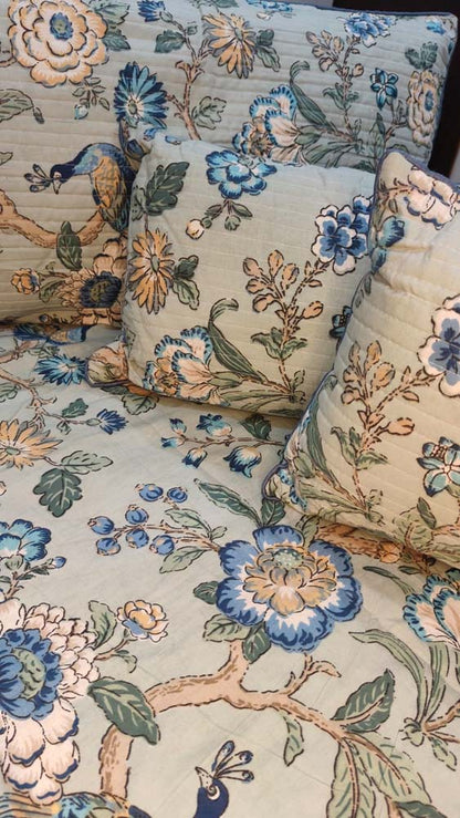 Pastel Blue Floral & Peacock 7-Piece Quilted King Bedding Set