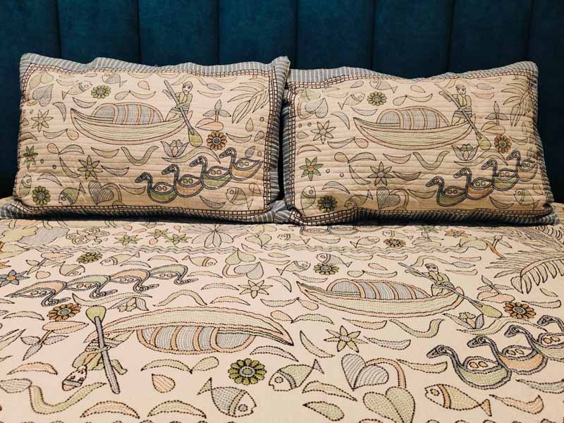 Kantha Print Quilted Double Bed Cover Set – Village & Boat Theme