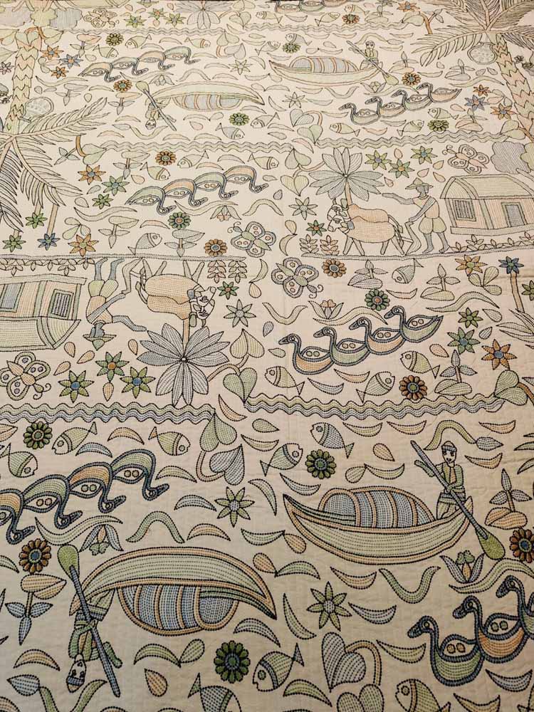 Kantha Print Quilted Double Bed Cover Set – Village & Boat Theme