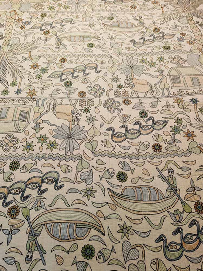 Kantha Print Quilted Double Bed Cover Set – Village & Boat Theme