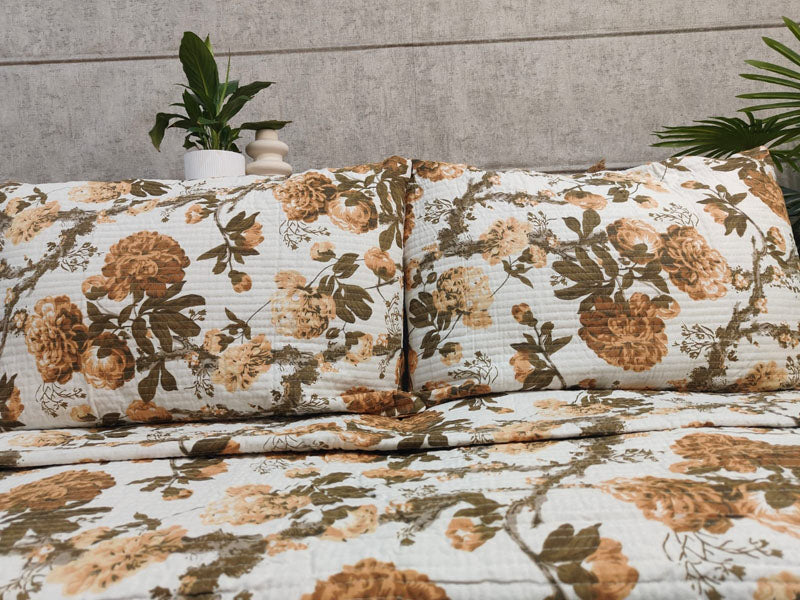 Hand Block Printed Quilted Double Bedcover Set with Pillow Covers – Rust & Olive Floral