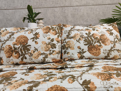 Hand Block Printed Quilted Double Bedcover Set with Pillow Covers – Rust & Olive Floral