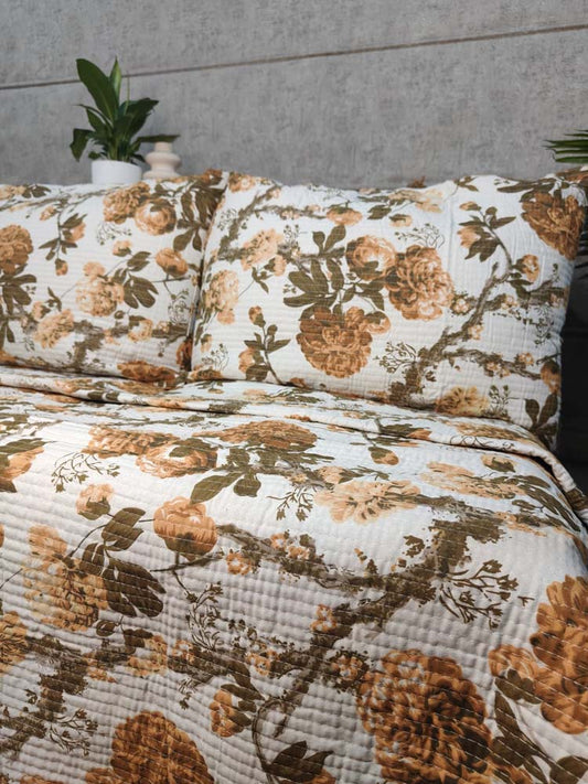 Hand Block Printed Quilted Double Bedcover Set with Pillow Covers – Rust & Olive Floral