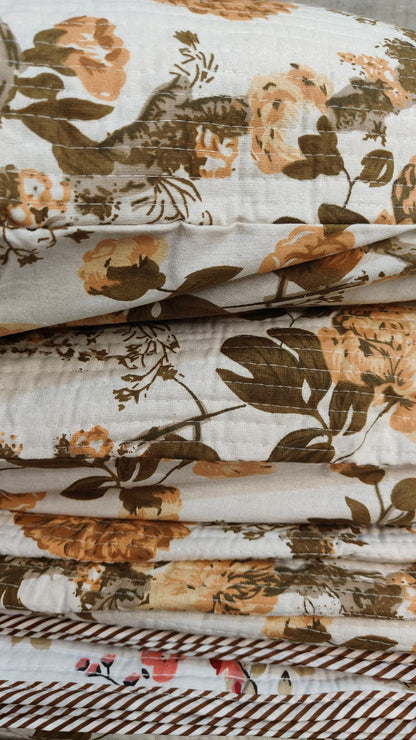 Hand Block Printed Quilted Double Bedcover Set with Pillow Covers – Rust & Olive Floral