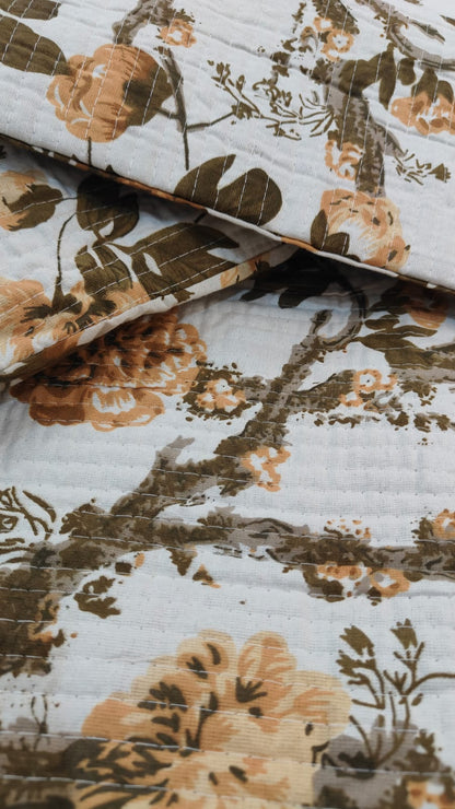 Hand Block Printed Quilted Double Bedcover Set with Pillow Covers – Rust & Olive Floral