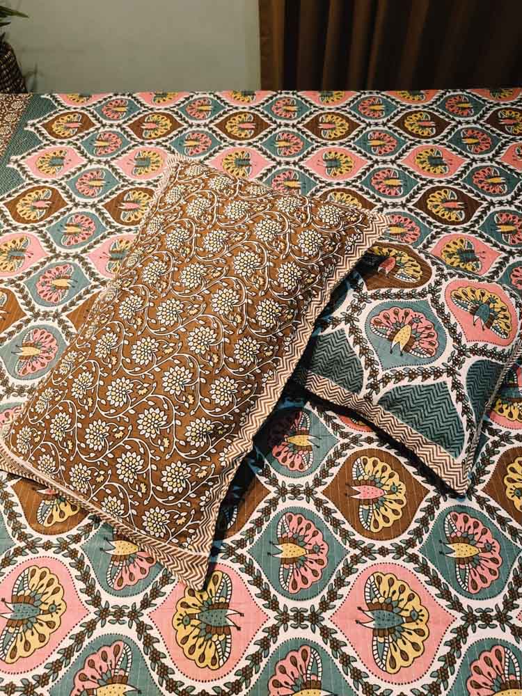 Hand Block Printed Quilted Double Bed Cover Set – Peacock Motif