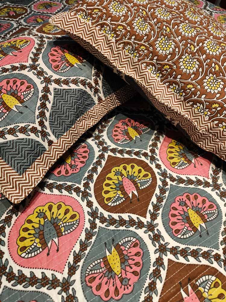 Hand Block Printed Quilted Double Bed Cover Set – Peacock Motif